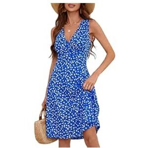 Casual Blue Floral Midi Dress With Pockets